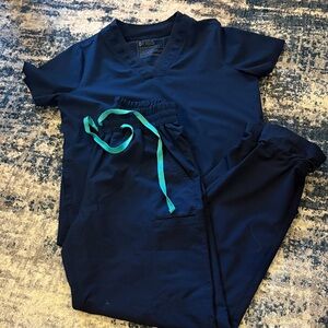 Figs Navy Blue Straight Leg Pants with Teal Drawstring